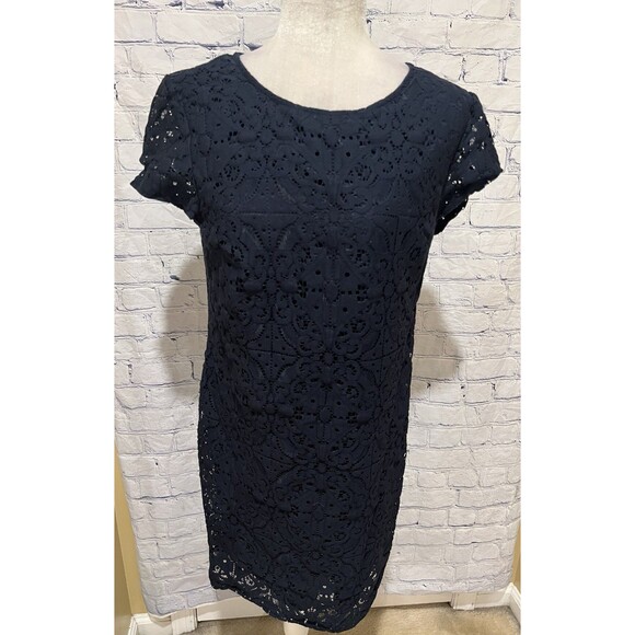 Banana Republic Dress Navy Blue Short Sleeve Lace Zipper Back Size -12 - Picture 1 of 7